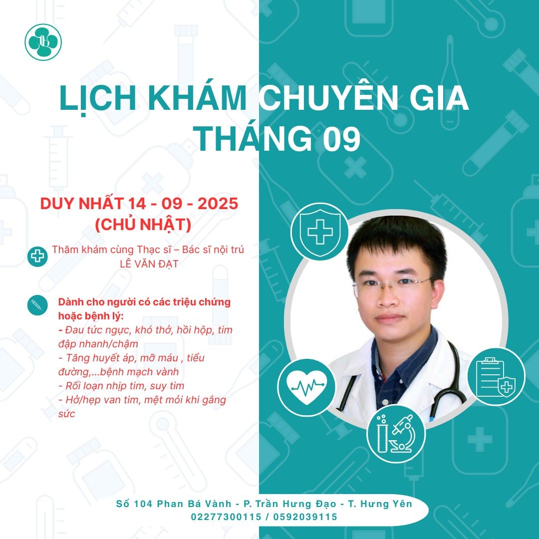 LỊCH KHÁM CHUYÊN GIA TIM MẠCH THÁNG 09 TẠI BỆNH VIỆN THÁI BÌNH